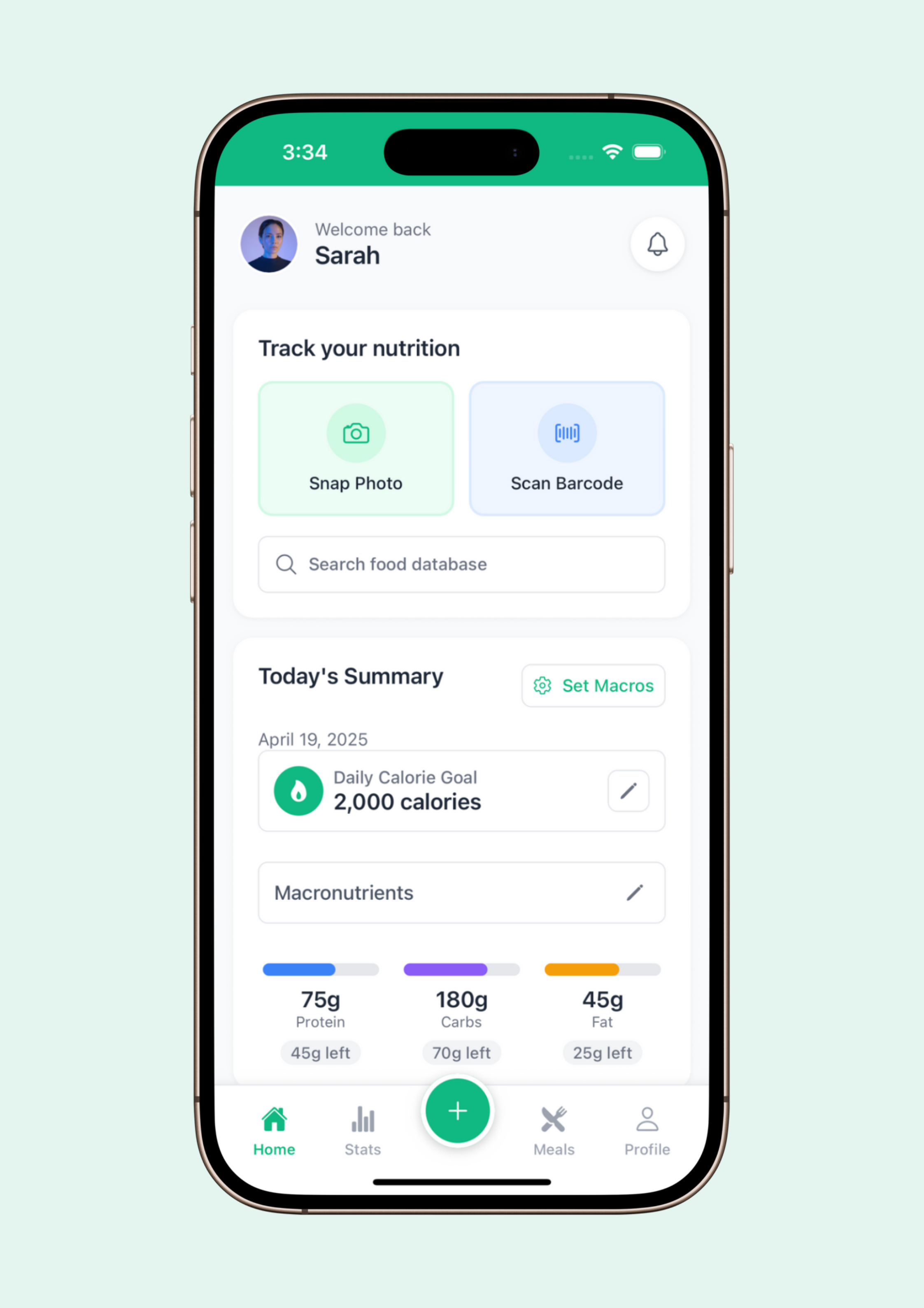 Nutrilogix App Interface showing nutrition tracking dashboard with macro breakdown